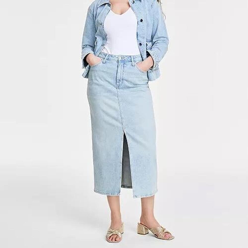 Midi front slit denim skirt